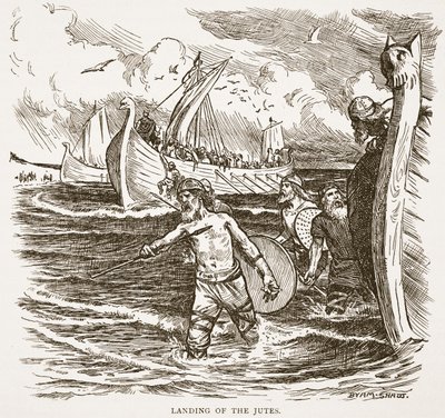 De landing van de Juten op het eiland Thanet, Kent, Engeland, 449 AD, illustratie uit 